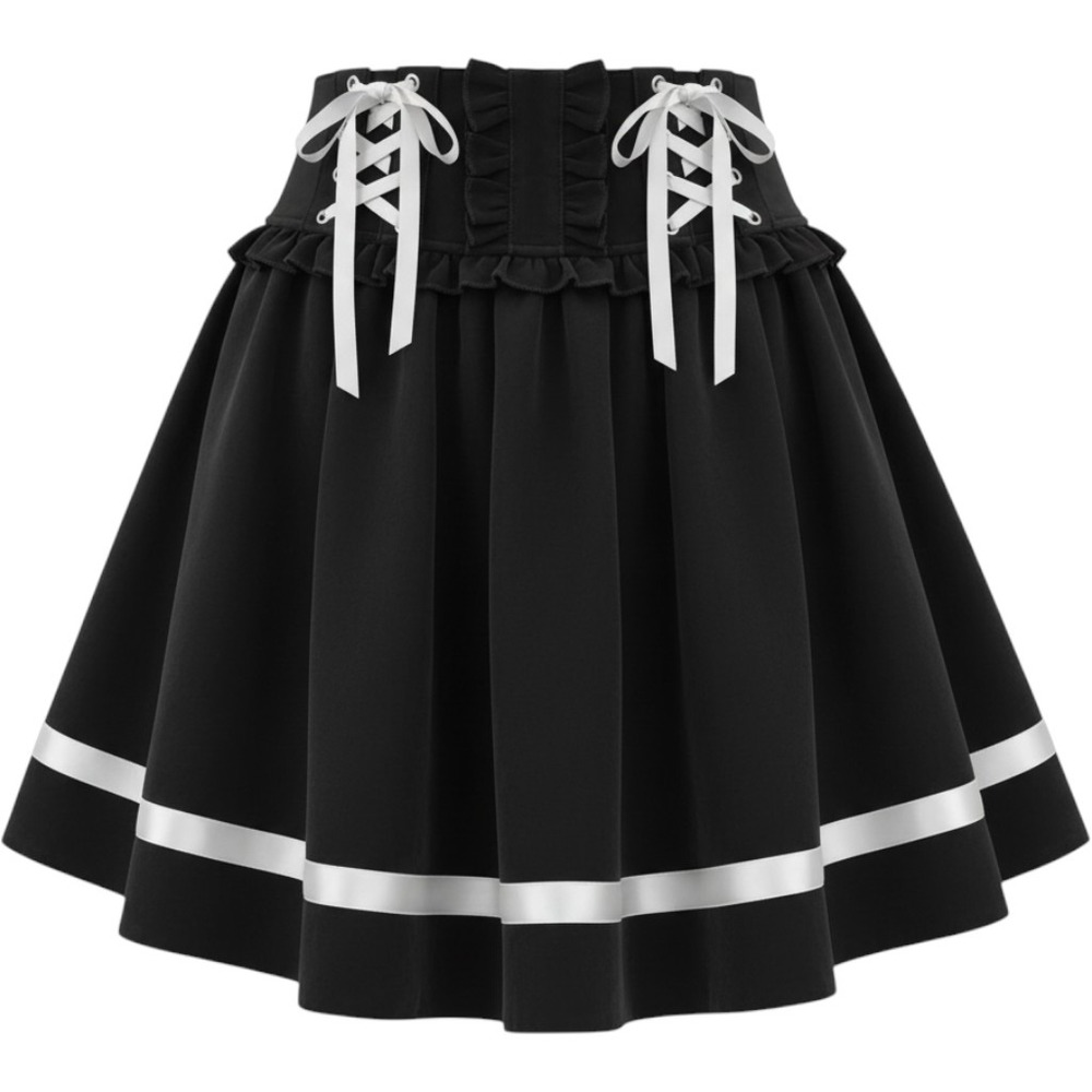 Black Lolita Mini Skirt Lace Up Corset Ruffle White Lace Trim Bows Smocked Waist